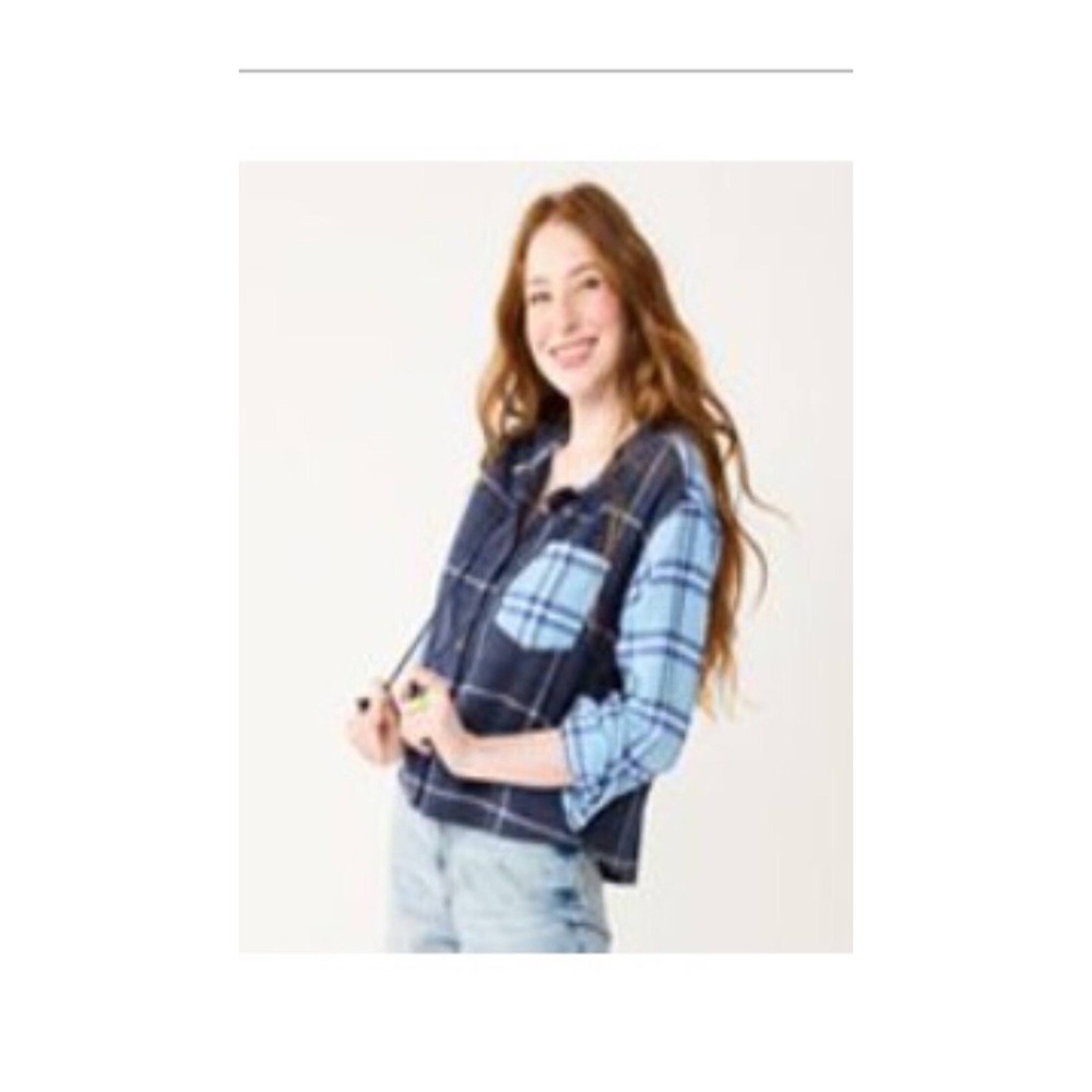 Hooded Plaid SO Junior Med Flannel Shirt Cotton Blue Multicolor NWT